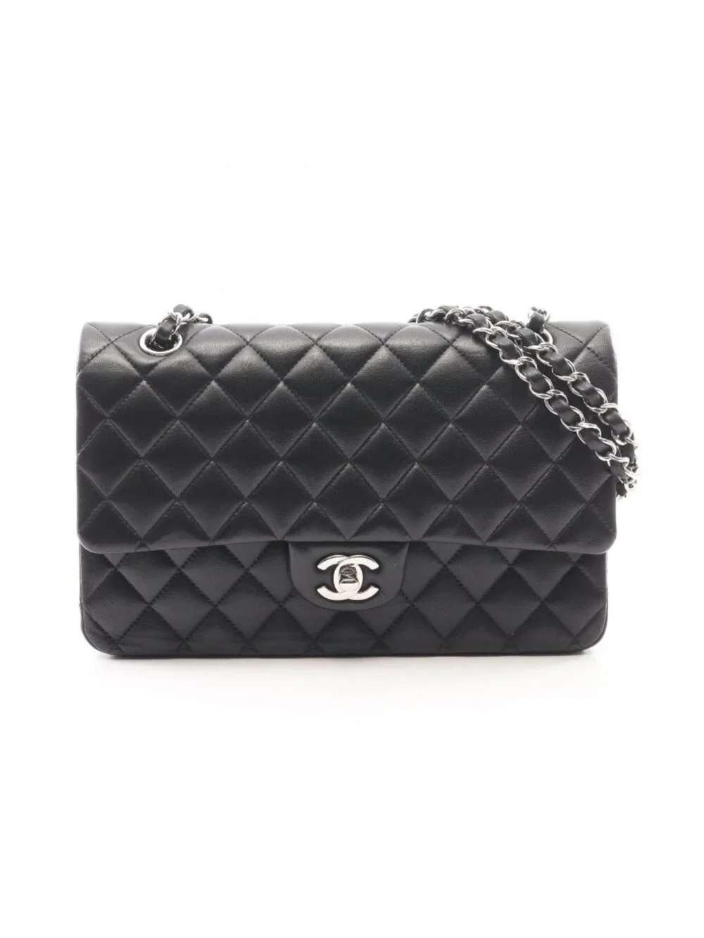 Chanel Shoulder Bag Quilted Double Flap Black Lambskin Chain